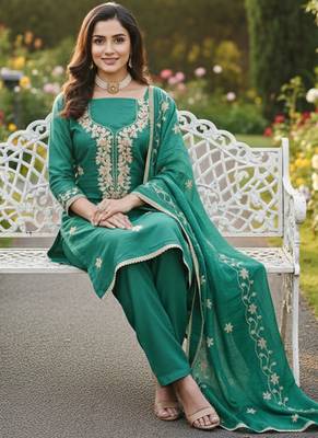 sea green embroidered roman silk pv chanderi unstitched dress material  2