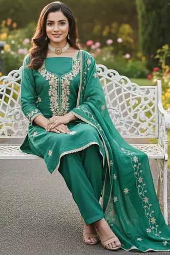 sea green embroidered roman silk pv chanderi unstitched dress material 