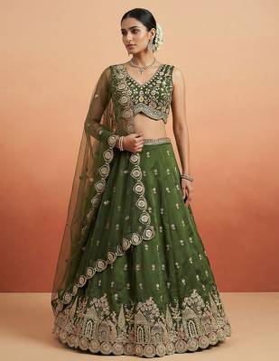 Women's Olive Chinnon Moti with Sequince Embroidered Lehenga Choli with Dupatta 1