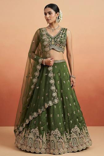Women's Olive Chinnon Moti with Sequince Embroidered Lehenga Choli with Dupatta