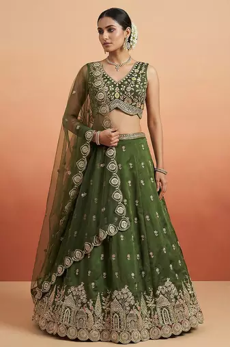 Women's Olive Chinnon Moti with Sequince Embroidered Lehenga Choli with Dupatta