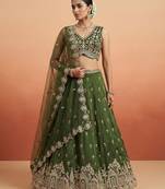 Women's Olive Chinnon Moti with Sequince Embroidered Lehenga Choli with Dupatta