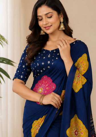 Navy Blue Color Beautiful Ajarakh print with Real mirror work and Latkan Satin Crepe Saree