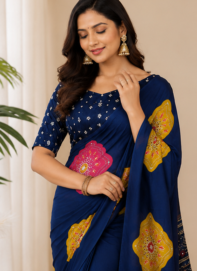 Navy Blue Color Beautiful Ajarakh print with Real mirror work and Latkan Satin Crepe Saree