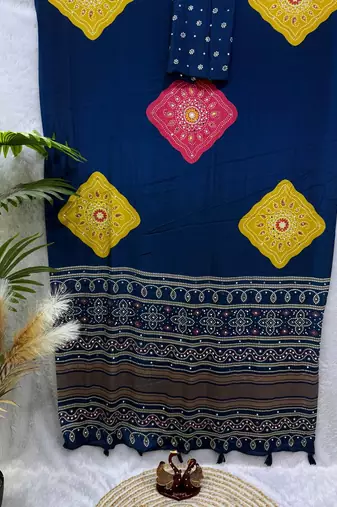 Navy Blue Color Beautiful Ajarakh print with Real mirror work and Latkan Satin Crepe Saree