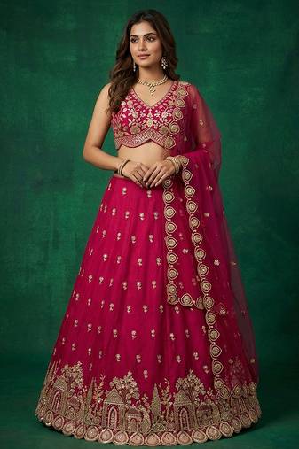 Women's Pink Chinnon Moti with Sequince Embroidered Lehenga Choli with Dupatta