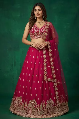 Women's Pink Chinnon Moti with Sequince Embroidered Lehenga Choli with Dupatta