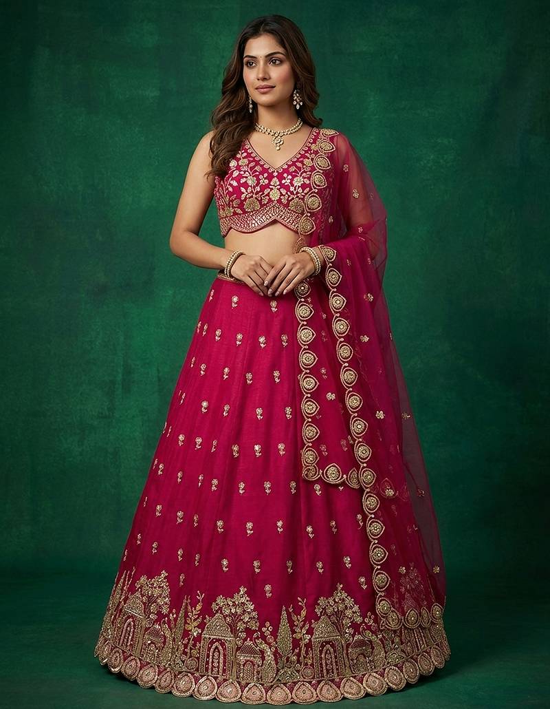 Women's Pink Chinnon Moti with Sequince Embroidered Lehenga Choli with Dupatta
