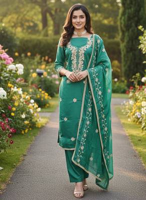 sea green embroidered roman silk pv chanderi unstitched dress material  3