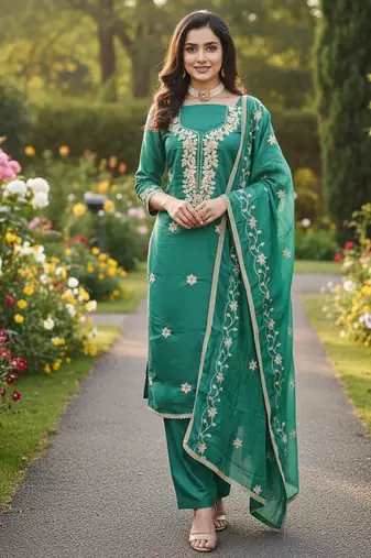 sea green embroidered roman silk pv chanderi unstitched dress material 