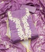 lavender embroidered roman silk pv chanderi unstitched dress material 