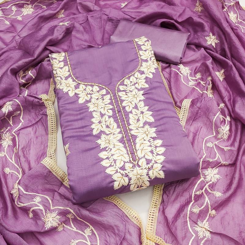 lavender embroidered roman silk pv chanderi unstitched dress material 