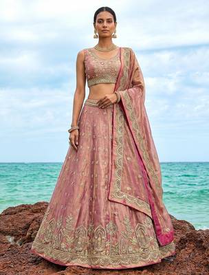 Women's Rose Gold Tissue Moti with Embroidered Lehenga Choli with Dupatta 1