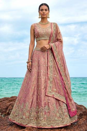 Women's Rose Gold Tissue Moti with Embroidered Lehenga Choli with Dupatta