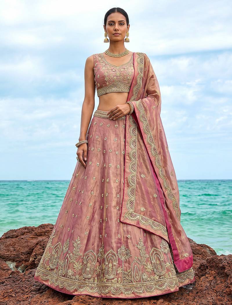 Women's Rose Gold Tissue Moti with Embroidered Lehenga Choli with Dupatta