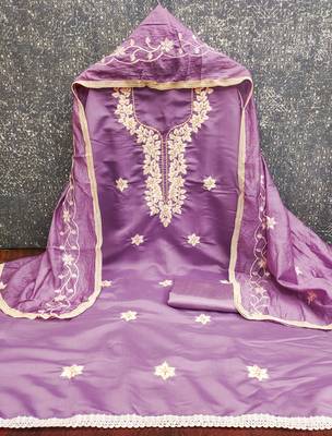 lavender embroidered roman silk pv chanderi unstitched dress material  2
