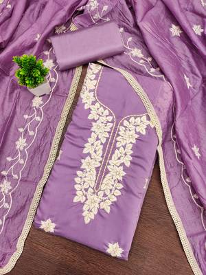 lavender embroidered roman silk pv chanderi unstitched dress material  3