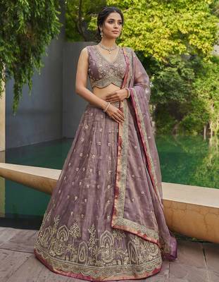 Women's Mauve Tissue Moti with Embroidered Lehenga Choli with Dupatta 1