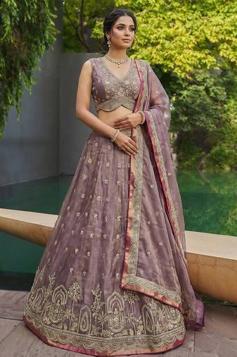 Women's Mauve Tissue Moti with Embroidered Lehenga Choli with Dupatta
