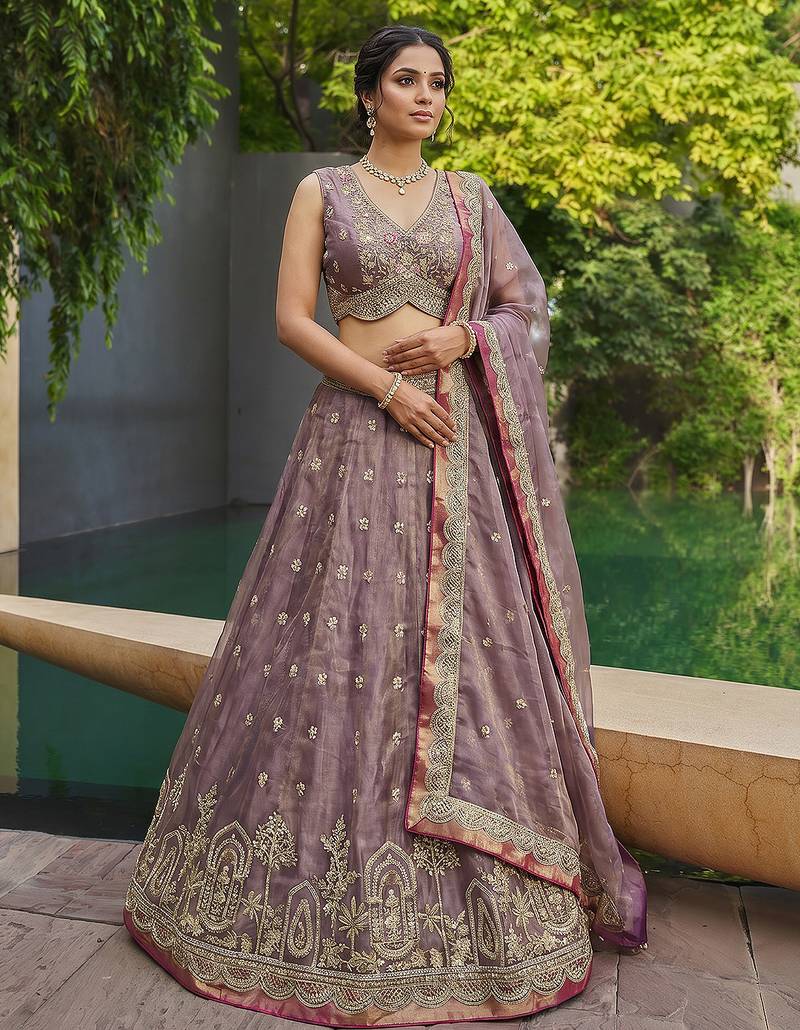 Women's Mauve Tissue Moti with Embroidered Lehenga Choli with Dupatta