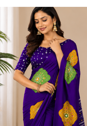Purple Color Beautiful Ajarakh print with Real mirror work and Latkan Satin Crepe Saree 1