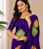 Purple Color Beautiful Ajarakh print with Real mirror work and Latkan Satin Crepe Saree