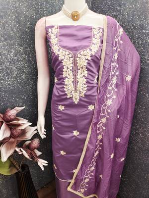 lavender embroidered roman silk pv chanderi unstitched dress material  4