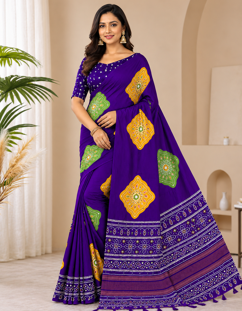 Purple Color Beautiful Ajarakh print with Real mirror work and Latkan Satin Crepe Saree