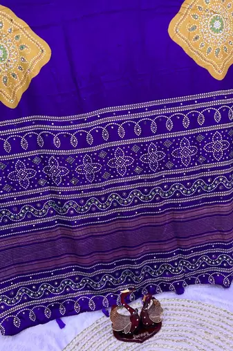 Purple Color Beautiful Ajarakh print with Real mirror work and Latkan Satin Crepe Saree