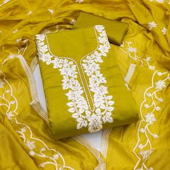yellow embroidered roman silk pv chanderi unstitched dress material  1