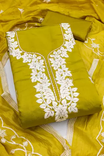 yellow embroidered roman silk pv chanderi unstitched dress material 