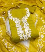 yellow embroidered roman silk pv chanderi unstitched dress material 