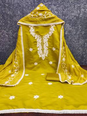 yellow embroidered roman silk pv chanderi unstitched dress material  2