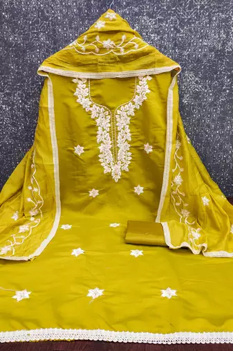 yellow embroidered roman silk pv chanderi unstitched dress material 