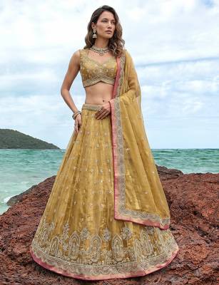 Women's Mustard Tissue Moti with Embroidered Lehenga Choli with Dupatta 1