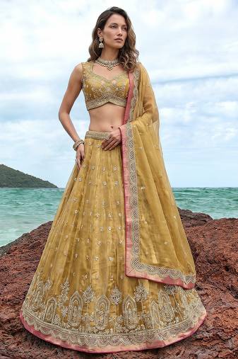 Women's Mustard Tissue Moti with Embroidered Lehenga Choli with Dupatta