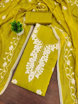 yellow embroidered roman silk pv chanderi unstitched dress material  3