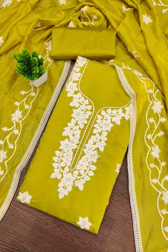 yellow embroidered roman silk pv chanderi unstitched dress material 