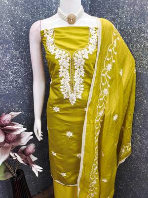yellow embroidered roman silk pv chanderi unstitched dress material  4