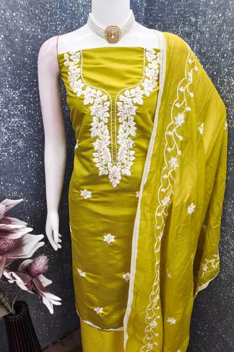 yellow embroidered roman silk pv chanderi unstitched dress material 