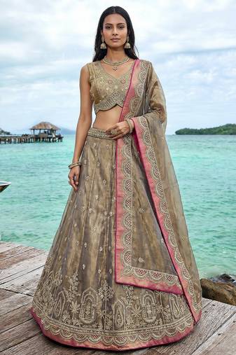 Women's Shade of Teal Tissue Moti with Embroidered Lehenga Choli with Dupatta