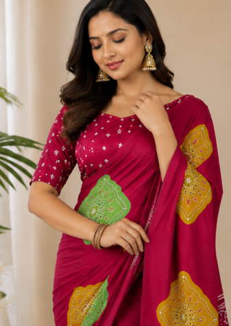 Red Color Beautiful Ajarakh print with Real mirror work and Latkan Satin Crepe Saree
