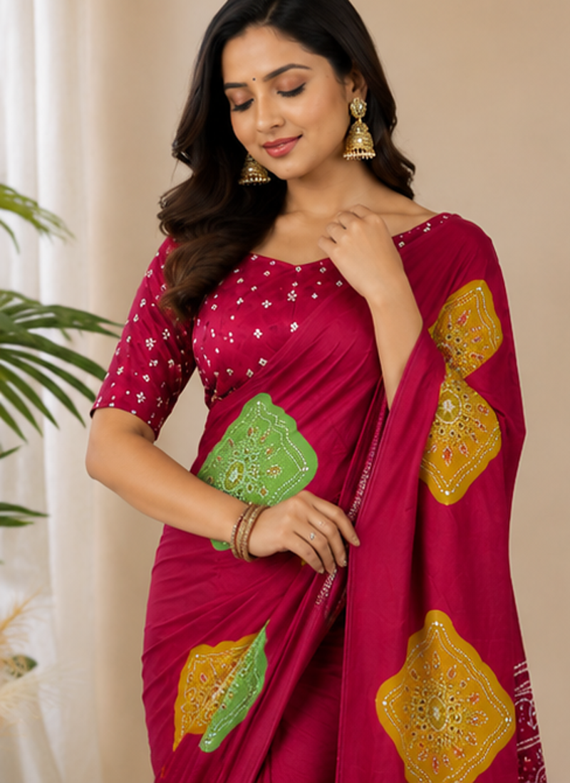 Red Color Beautiful Ajarakh print with Real mirror work and Latkan Satin Crepe Saree