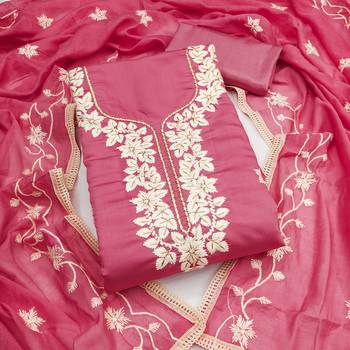 pink embroidered roman silk pv chanderi unstitched dress material  1
