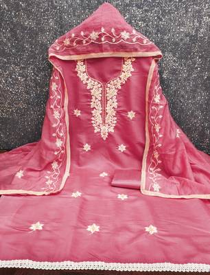 pink embroidered roman silk pv chanderi unstitched dress material  2