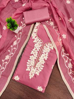 pink embroidered roman silk pv chanderi unstitched dress material  3