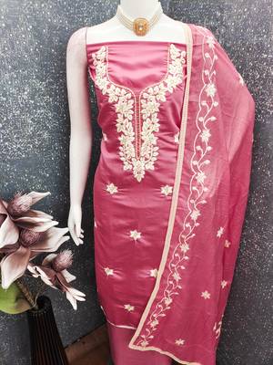 pink embroidered roman silk pv chanderi unstitched dress material  4