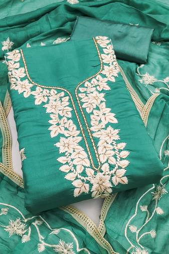 sea green embroidered roman silk pv chanderi unstitched dress material 