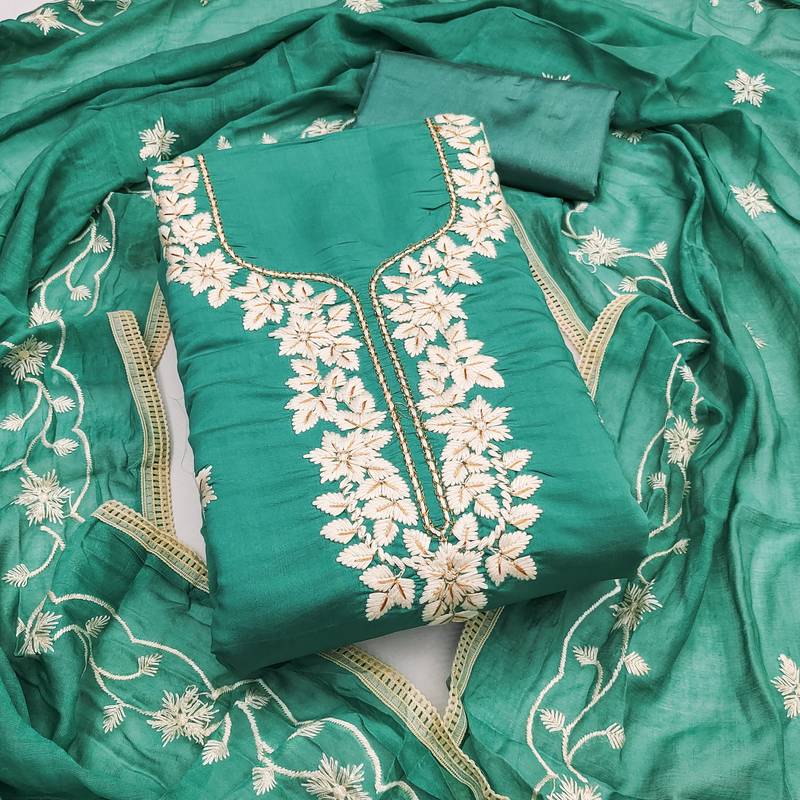 sea green embroidered roman silk pv chanderi unstitched dress material 