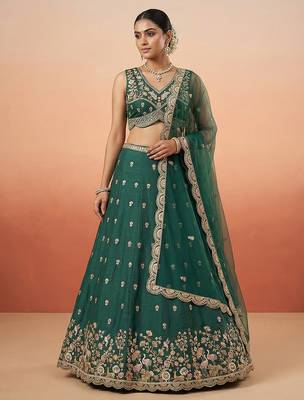 Women's Green Chinnon Silk Motif with Sequince Embroidered Lehenga Choli with Dupatta 1
